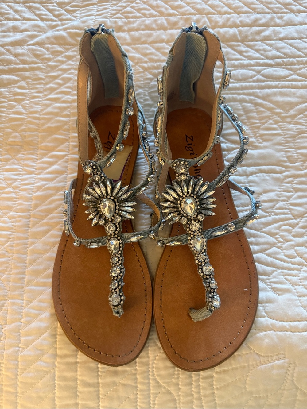 Zigi Soho Silver Jeweled T-Strap Sandals with Tan Footbed